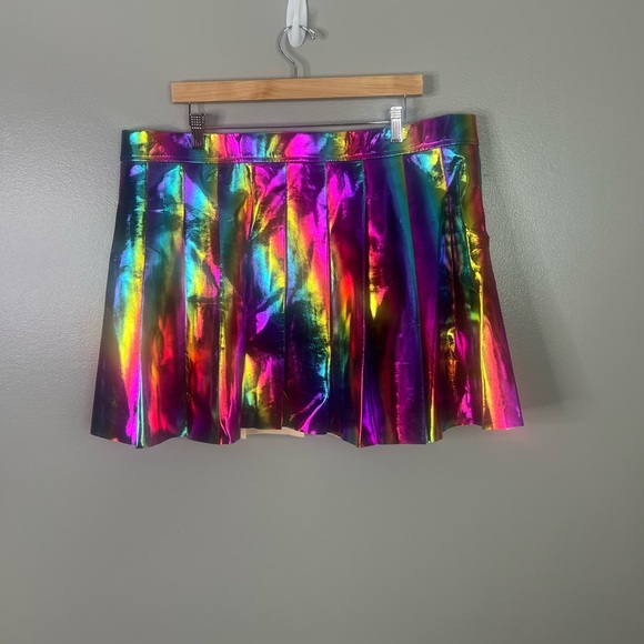 Rainbow Metallic Skirt Wild Cat pleated mini size 2X rainbowcore circle skater - Picture 2 of 10